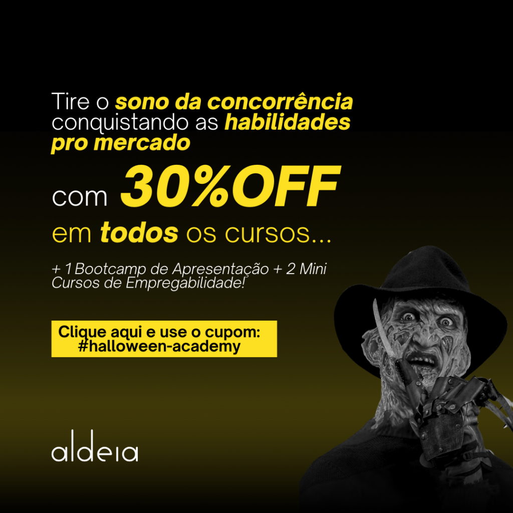 Banner de promoção da Aldeia para Halloween oferecendo 30% de desconto em todos os cursos, com a frase "Tire o sono da concorrência". Inclui cupom promocional #halloween-academy e a imagem de um personagem de terror.