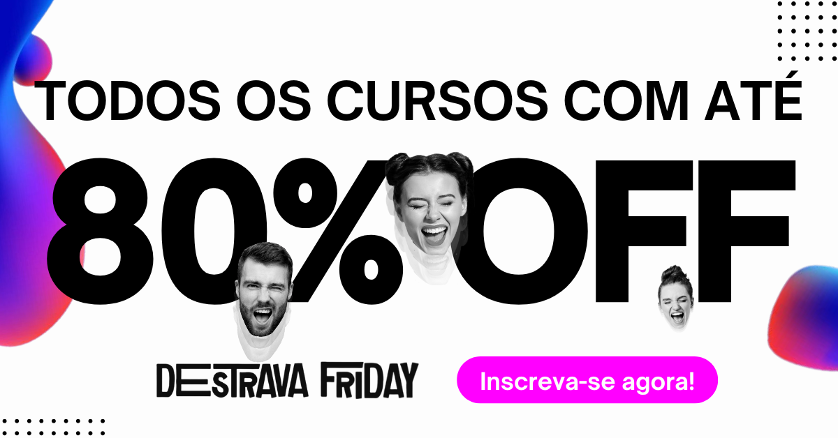 Banner de promoção de DESTRAVA com até 80% de desconto em todos os cursos. Imagem com texto centralizado, fundo branco, elementos azul e rosa nas laterais, destaque para o texto com 80% OFF.