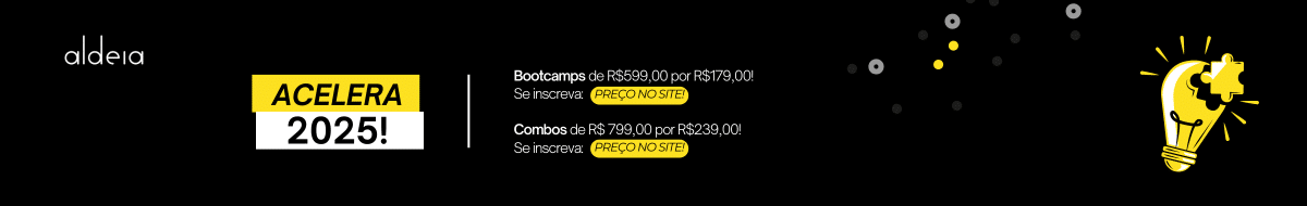 Banner de promoção ressaca com até 80% de desconto em todos os cursos na Aldeia. Preço direto no site.